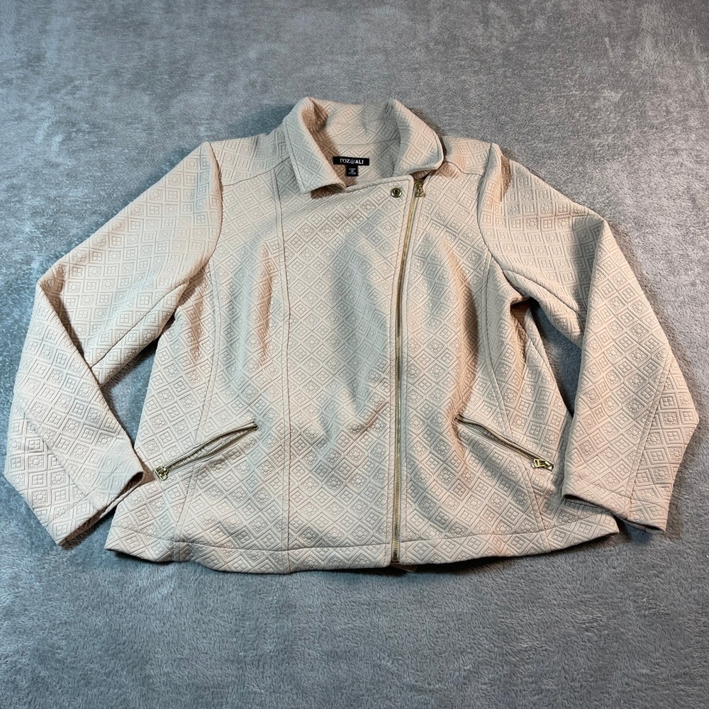 Roz & Ali Quilted Moto Jacket Women's 1X Cream Textured Knit Gold Zipper Accents